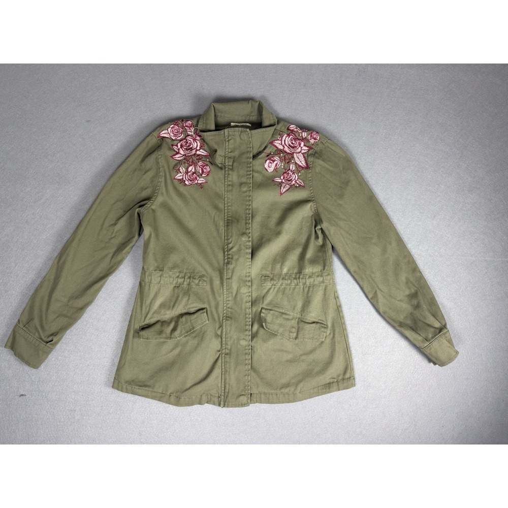 Miami Women's Green Military Utility Jacket Embroidered Floral